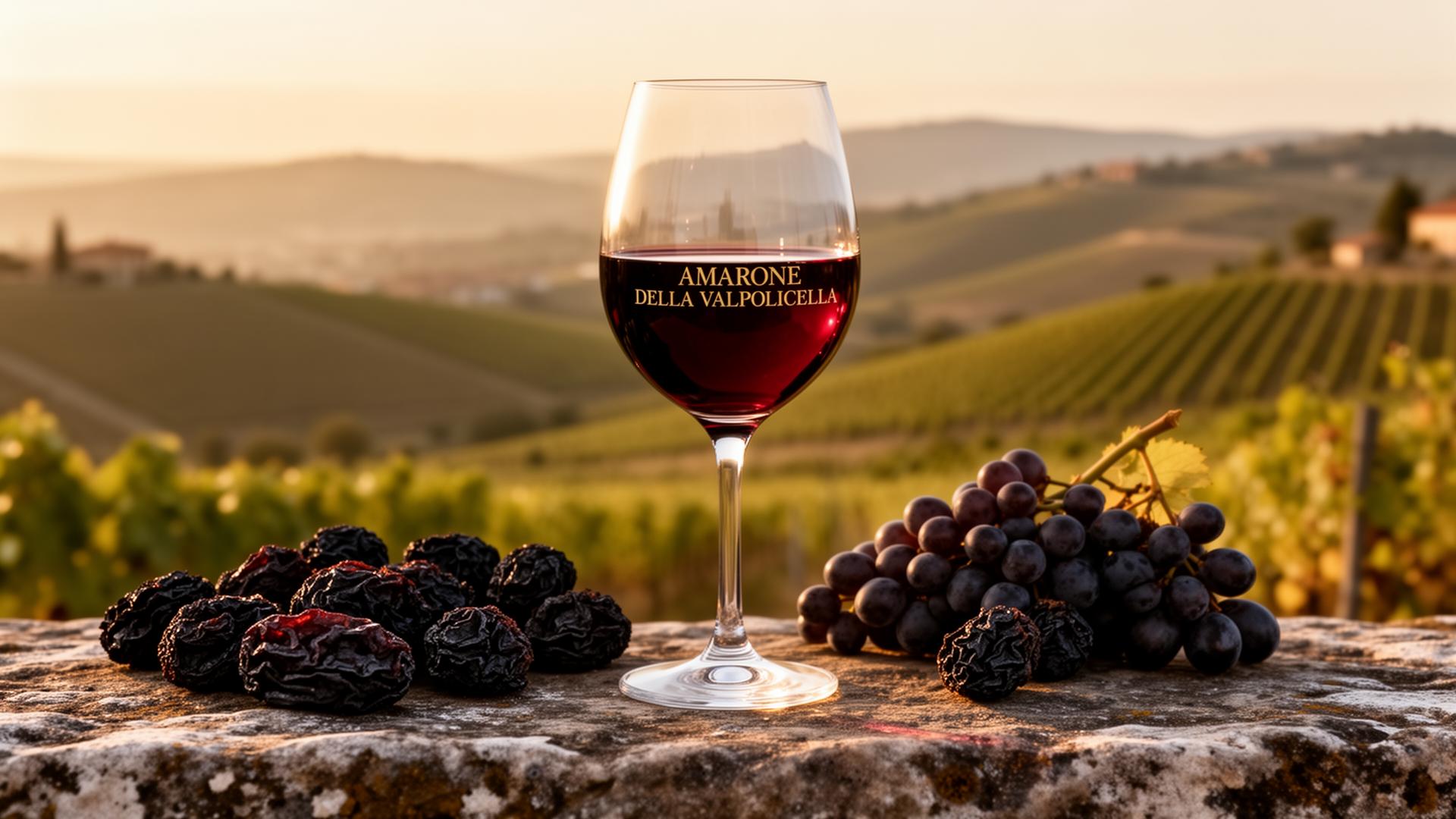 Glass of Amarone della Valpolicella red wine with appassimento dried grapes and Valpolicella vineyard hills at golden hour