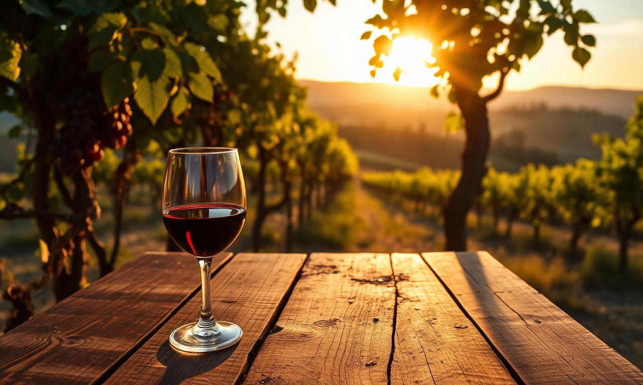 Glass of red wine on a rustic wooden table overlooking the Tuscan hills around Pomarance at golden hour