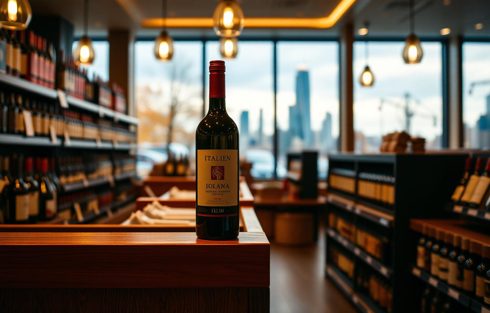 Italian wine bottle on a shelf inside a Canadian liquor monopoly store with Toronto skyline in background