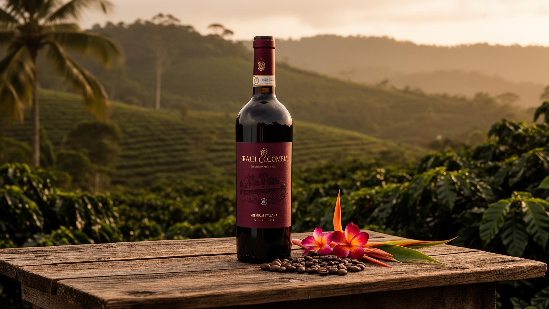 Premium Italian wine bottle on a wooden table with Colombian coffee plantation hills in the background