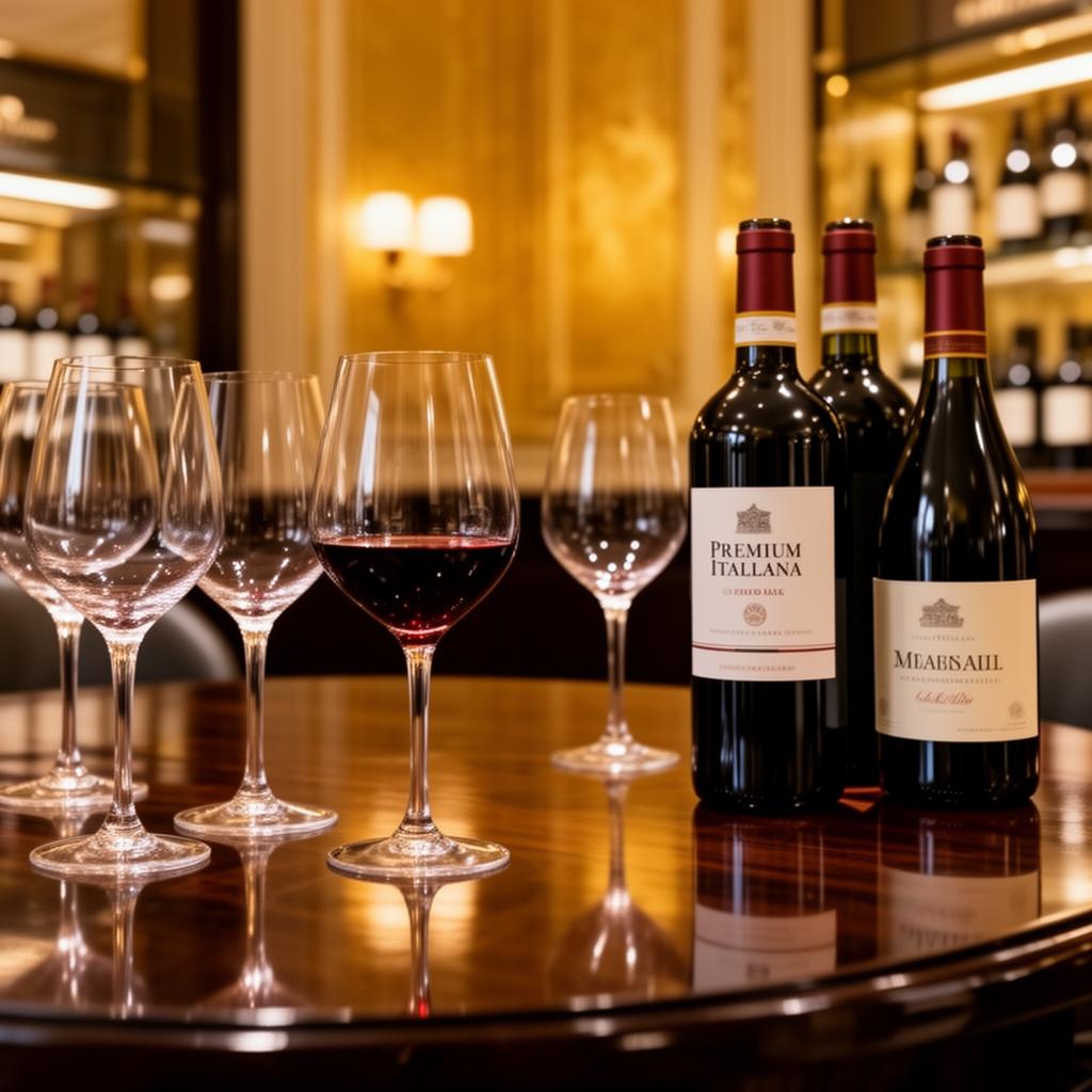 Elegant wine tasting scene in a sophisticated London Mayfair showroom with crystal glasses and premium Italian red wine bottles