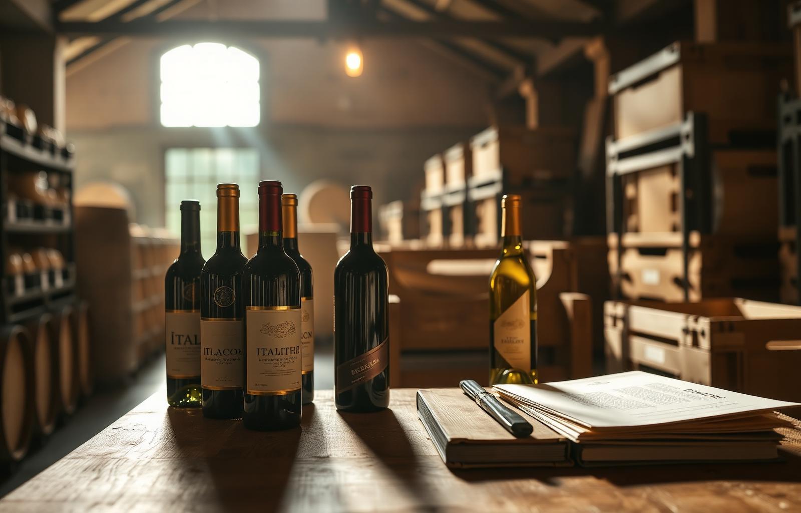 Italian wine bottles and export documents in a sunlit cellar