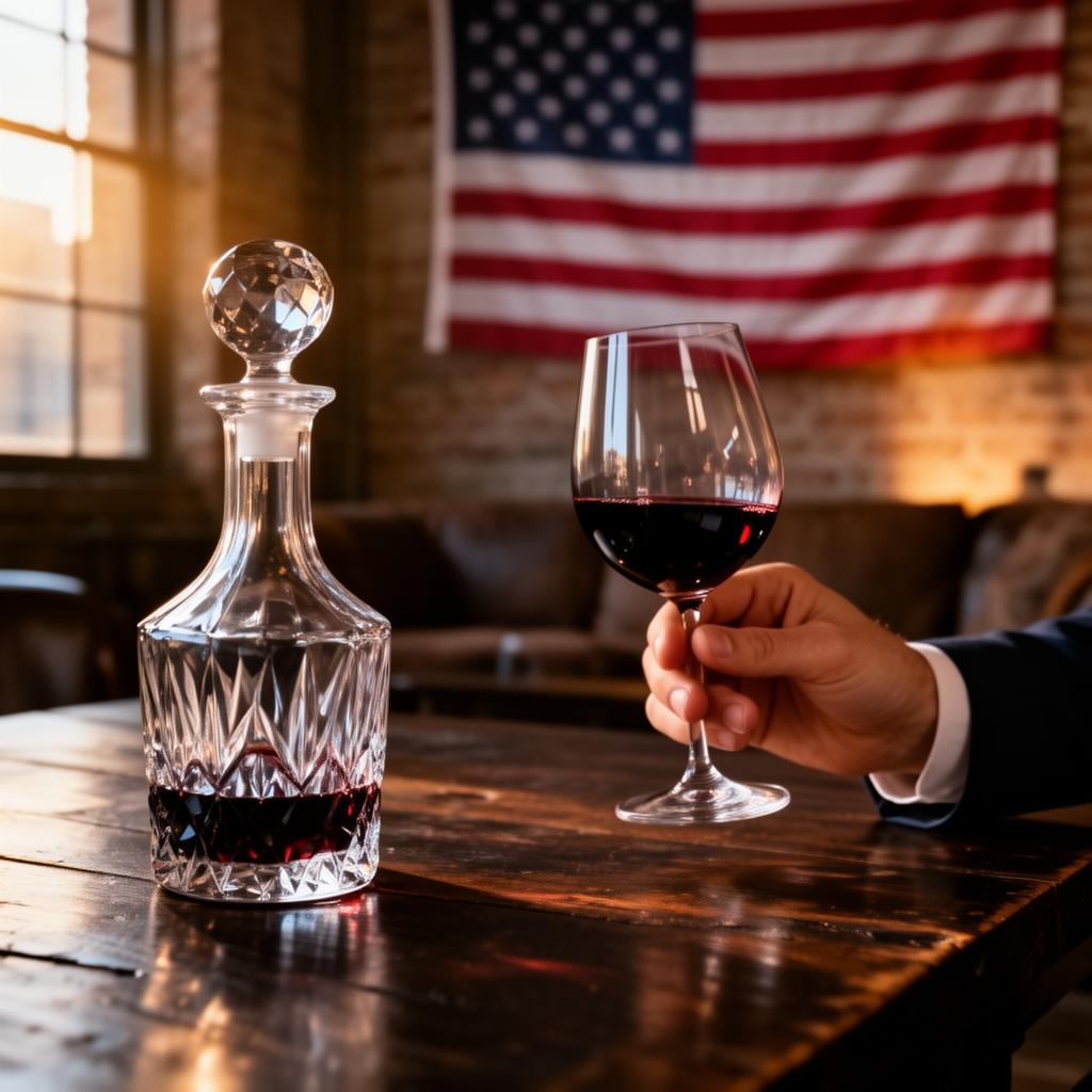 Crystal decanter and glass of premium Italian red wine on a dark wood table with the American flag in the background — Italian wine export to USA