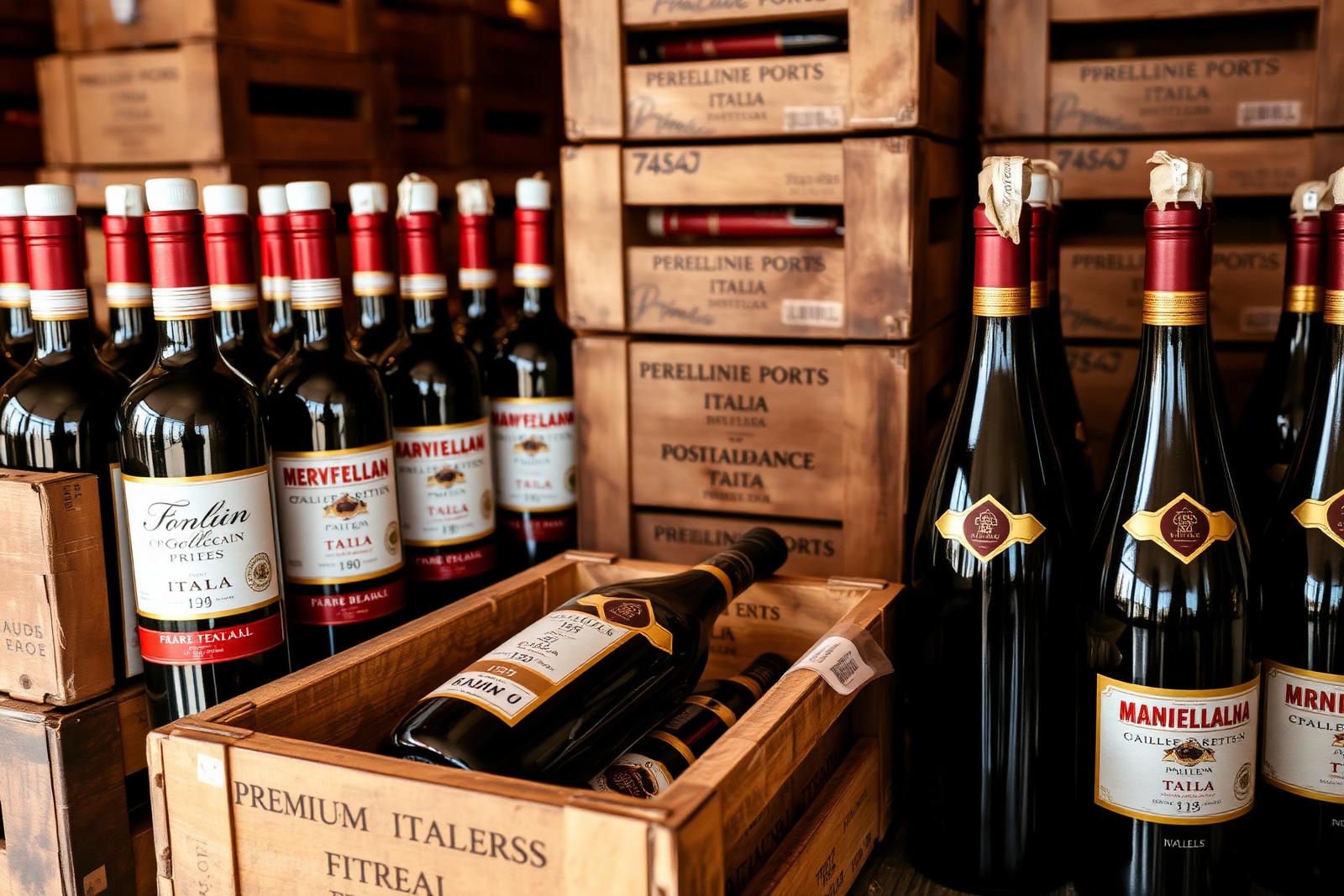 Italian wine bottles packed in wooden export crates marked for international shipping, warm editorial light