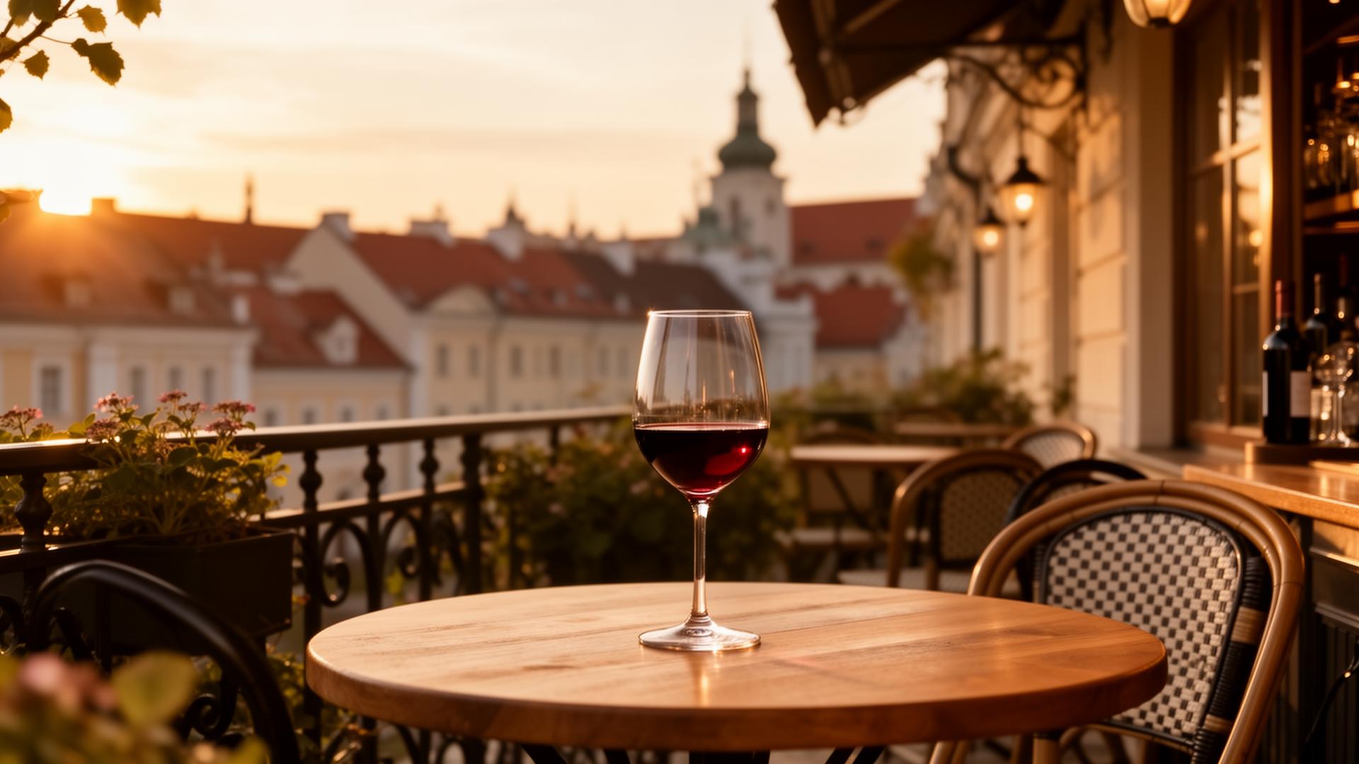 Glass of Italian red wine on a terrace overlooking Vilnius old town at golden hour