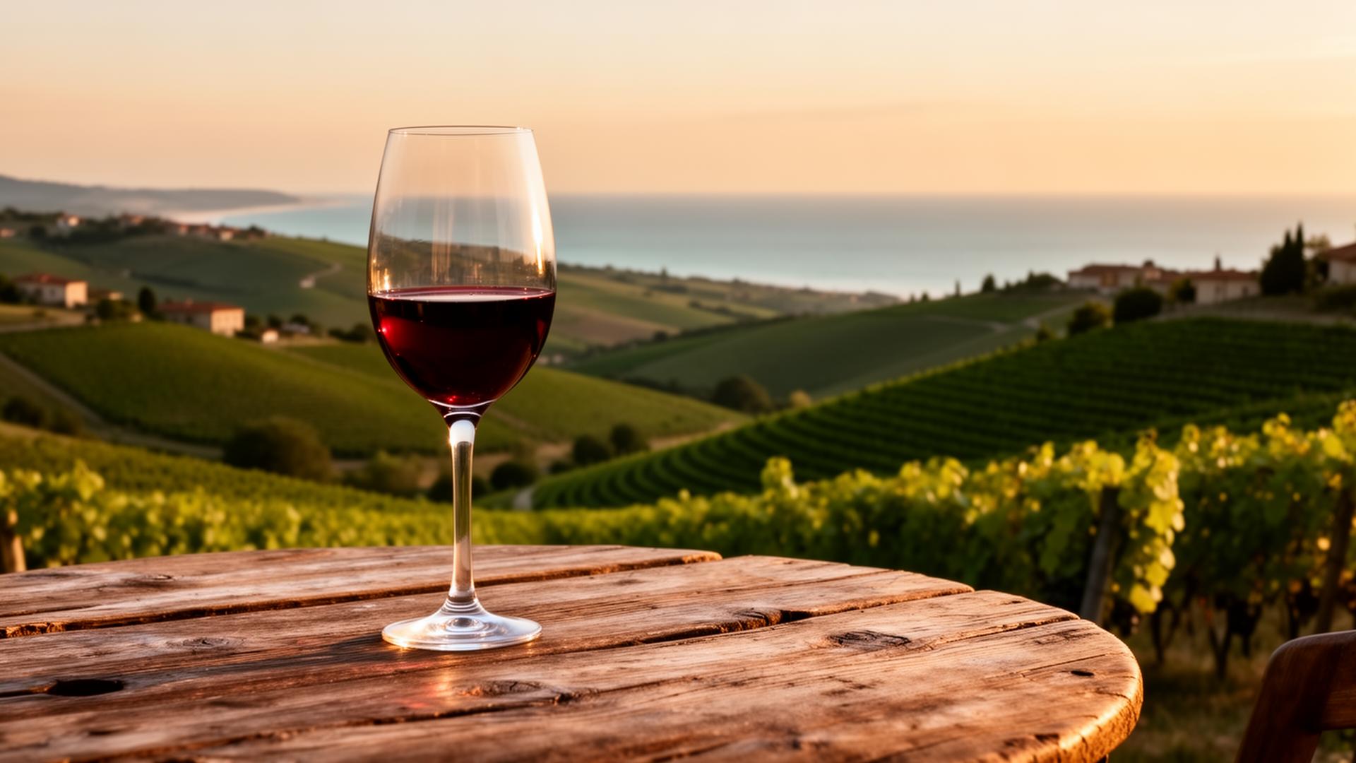 Glass of red wine on a wooden table overlooking the vineyards of the Marche region with the Adriatic sea in the distance at golden hour