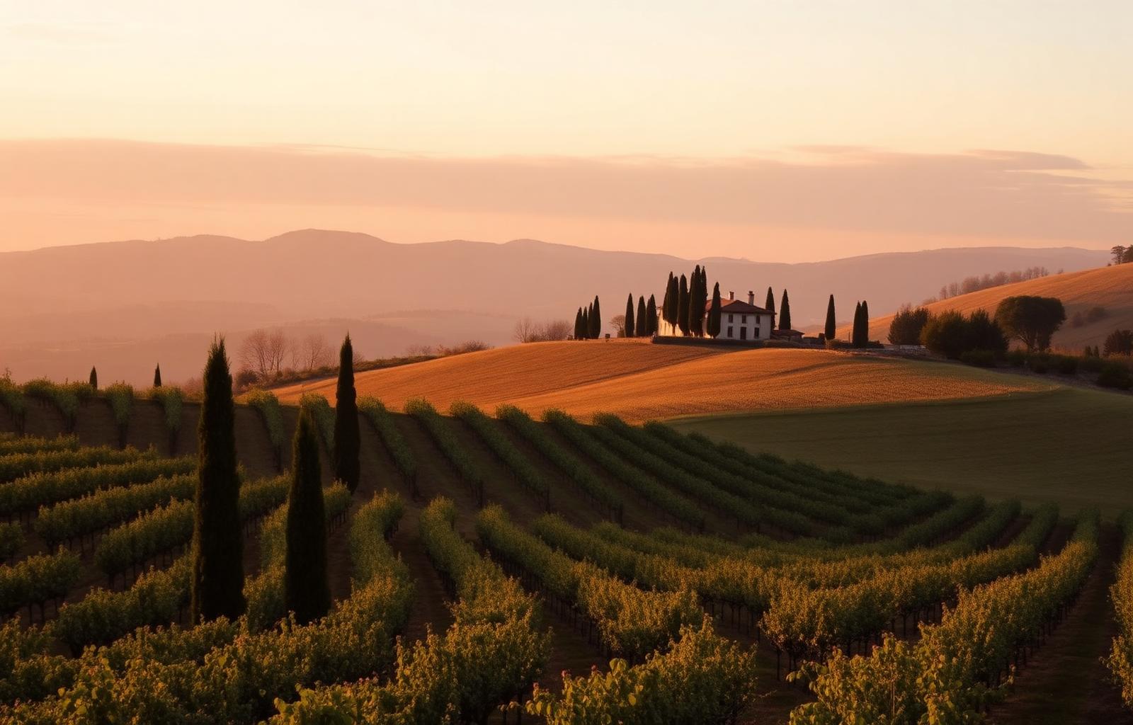 Vineyards of Montalcino at golden hour with a stone winery and cypress trees
