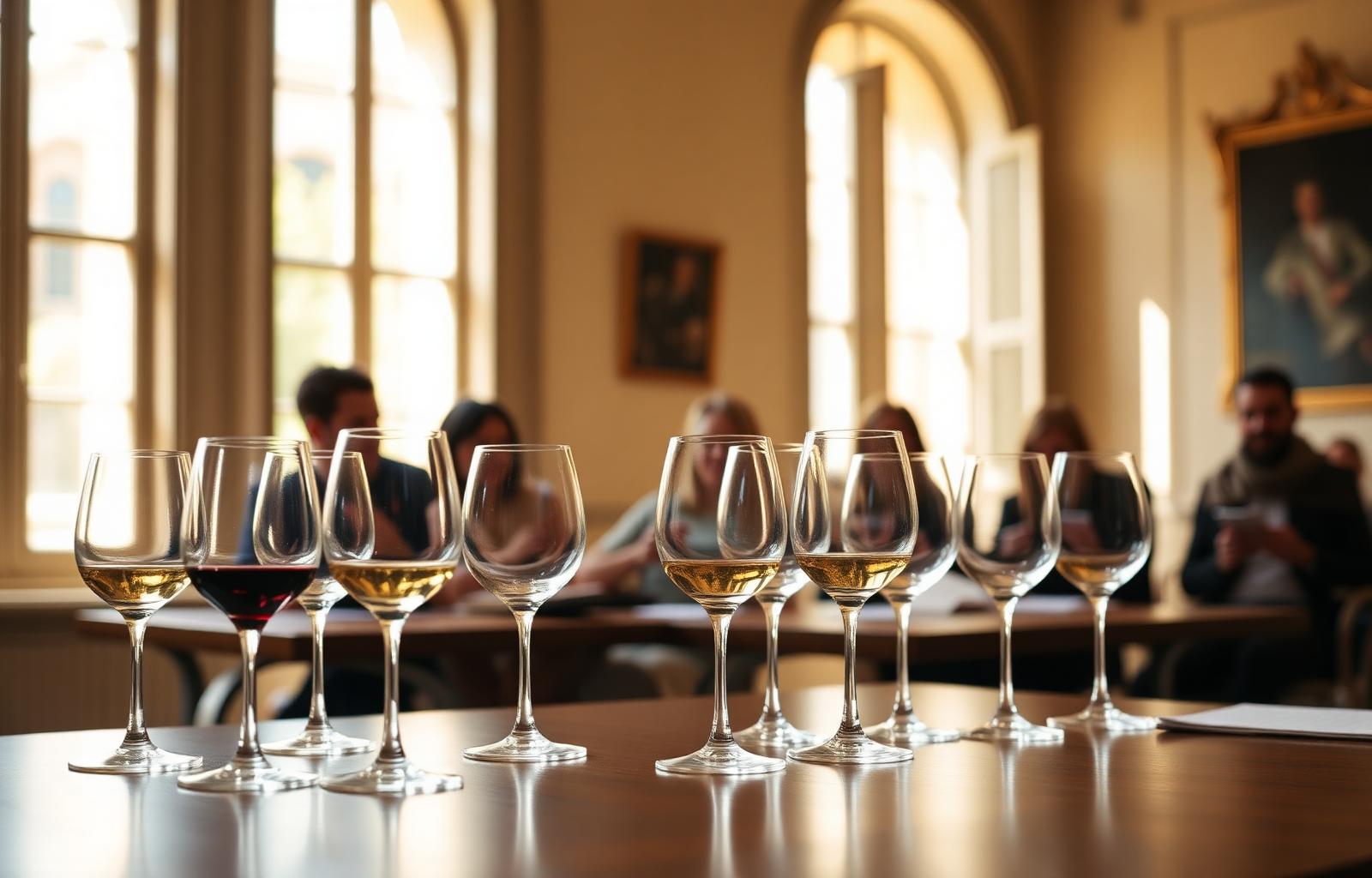 Wine glasses arranged for a professional masterclass in a historic Italian university classroom