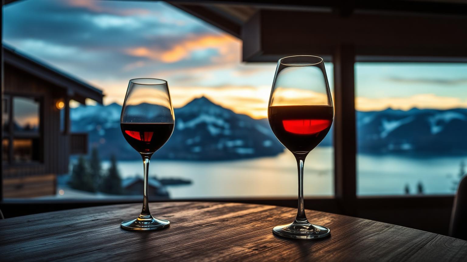 Two glasses of premium Italian red wine on a wooden table inside a Swiss chalet, with snow-capped Alps and a lake at sunset