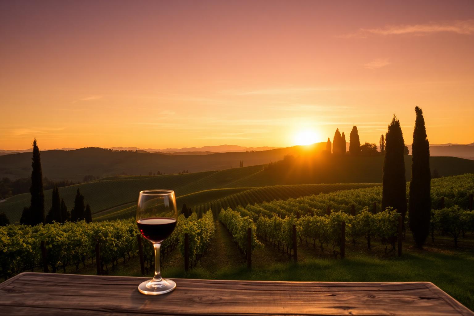 Glass of red wine on a rustic wooden table overlooking the Pisan hills with cypress trees and vineyards at golden hour