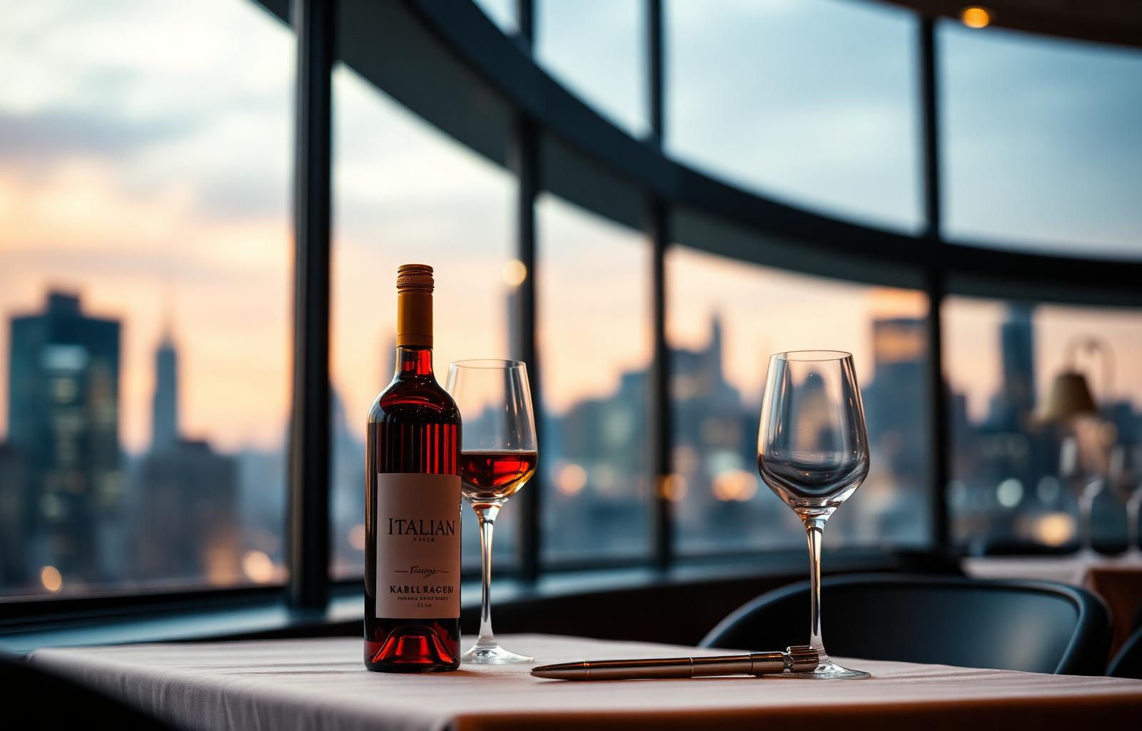 Italian wine bottle on a fine dining table overlooking the New York skyline