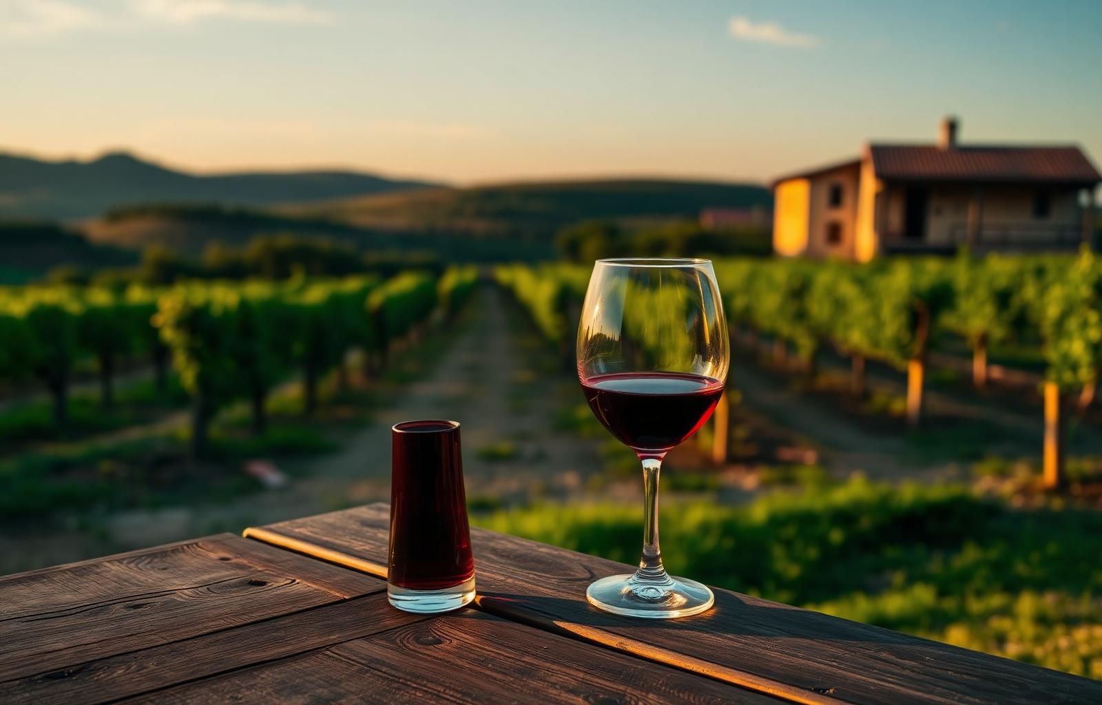 Glass of Tuscan red wine on a rustic wooden table overlooking the Vallorsi vineyards in Terricciola, Pisan hills, with a stone farmhouse at golden hour